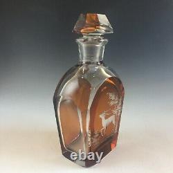 STUNNING cut to clear Moser Bohemian engraved amber glass decanter stag deer