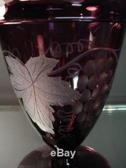 Scarce Pairpoint Glass Amethyst Rolled Edge Vase with Grape Wheel Cut Designs Deco