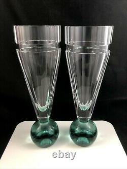 Set of 2 Moser Art Glass Jan Mares Cut Beryl Green Base 11 1/2 Vases -Signed