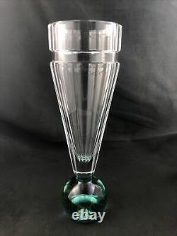 Set of 2 Moser Art Glass Jan Mares Cut Beryl Green Base 11 1/2 Vases -Signed