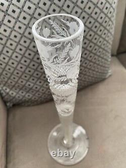 Signed Intaglio Cut Tuthill Glass Bud Vase 14 Tall Flowers Vine, Sawtooth Cut