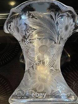 Signed Libbey HUGE American Brilliant Wheel Cut Glass Vase Flowers Thistle
