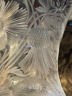 Signed Libbey HUGE American Brilliant Wheel Cut Glass Vase Flowers Thistle