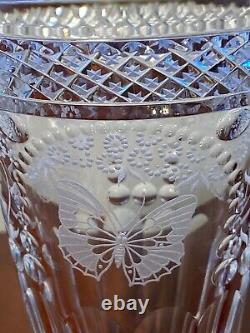 Signed VARGA CRYSTAL Antique Butterfly/Floral Etched 10 Trumpet Flower Vase