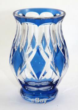 Signed Val St. Lambert blue cut to clear Deco design vase, Graffart design 1089