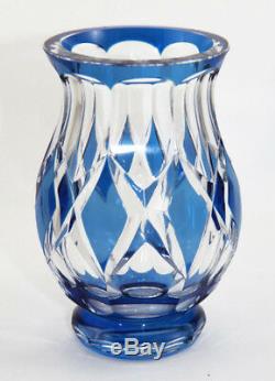 Signed Val St. Lambert blue cut to clear Deco design vase, Graffart design 1089