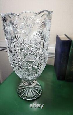 Signed Yasemin Cut Glass Crystal Large Pedestal Vase Turkish 14.25