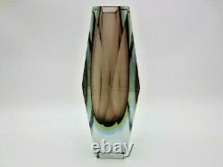 Space age geometric Murano triple sommerso prism facet cut art glass vase signed