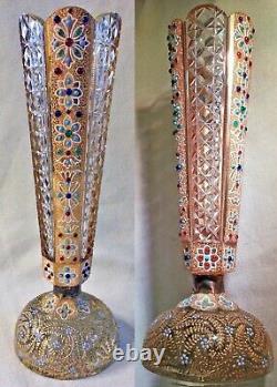 Spectacular Rare Bohemian Heavily Beaded Gilt Jeweled Cut Glass Paperweight Vase