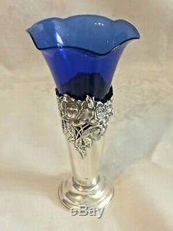 Sterling Silver Cut Work Repousse Trumpet Vase Blue Cobalt Glass Insert Watrous