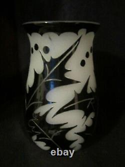 Steuben Acid Cut Black/Alabaster Glass Vase Art Deco Sea Holly 1928 10H