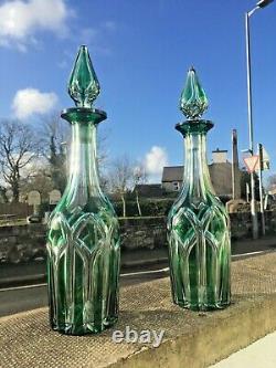 Stunning Pair Of Antique Bohemian Crystal Green Cut Glass Decnaters Moser