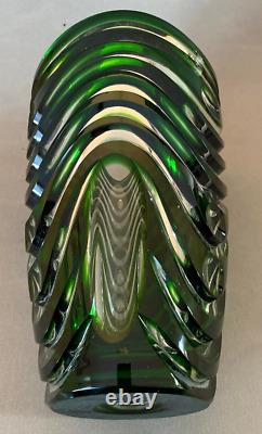 Stunning Vintage Czech Emerald Green Cut to Clear Crystal Large Vase