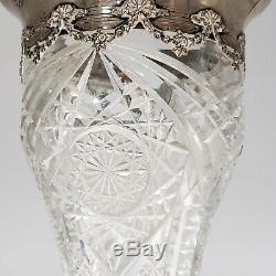Tall American Brilliant Cut Glass Vase with Sterling Silver Rim ABCG