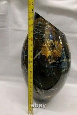 Tim Lazer Blown Glass Black / Gold Extra Large Slant Cut Vase 20 Inch