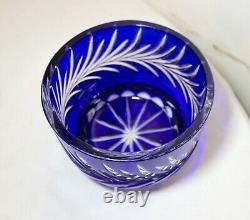 Unique vintage Bohemian Czech blue cut to clear glass crystal flower vase