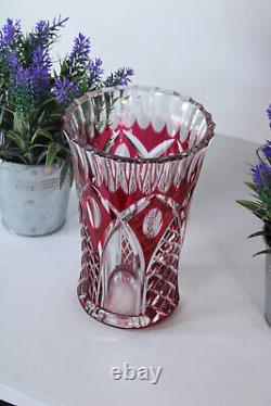 VAL SAINT LAMBERT crystal cranberry cut Glass vase 1950s