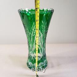 VINTAGE BOHEMIAN CZECH CRYSTAL VASE CUT TO CLEAR EMERALD GREEN VASE 9 3/4 Tall