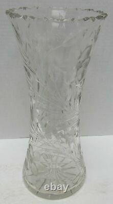 VINTAGE Large Flower Vase Hand-Cut Lead Crystal Decorative Etched Heavy Glass