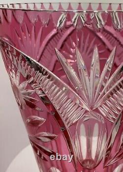 VTG 10.5 In Bohemian Czech Ruby Red / Cranberry Cut To Clear Crystal Vase