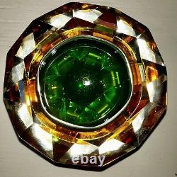 VTG 1960s Murano Sommerso Flavio Poli Green Gold Amber Glass Diamond Cut Bowl