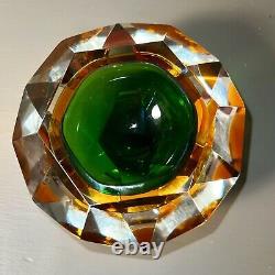 VTG 1960s Murano Sommerso Flavio Poli Green Gold Amber Glass Diamond Cut Bowl