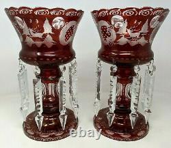 VTG Egermann Ruby Red Cut to Clear Glass Bohemian Mantle Luster Prisms Pair DL21