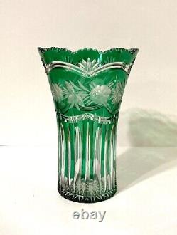 VTG Lausitzer Bleikristall Lead Crystal Vase Cut Green to Clear Germany 11.75