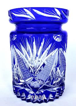 Val Saint Lambert Belgium Blue Crystal Hand-Cut-To-Clear Cylindrical Vase