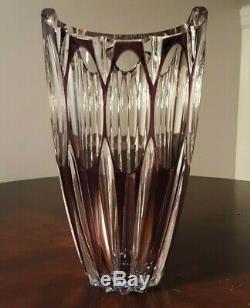 Val St. Lambert Amethyst Purple Cut To Clear Crystal Glass Vase 8 1/4 STUNNING