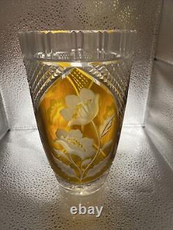 Vase, Bohemian Handmade, Crystal, Yellow Cut To Clear