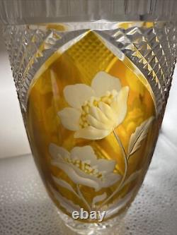 Vase, Bohemian Handmade, Crystal, Yellow Cut To Clear