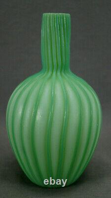Victorian Cased & Ribbed Green Cut Velvet Mother-of-Pearl Satin Glass Vase C1880