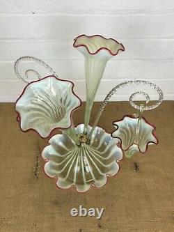 Victorian Vaseline Ruby Trimmed Glass Epergne Canes & Baskets