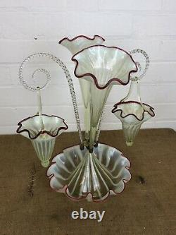 Victorian Vaseline Ruby Trimmed Glass Epergne Canes & Baskets