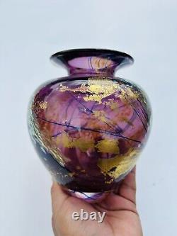 Vintage 1991 Tim Lazer Purple Gold Leaf Dichroic Glass Elements Cut Vase Signed