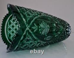 Vintage Ajka Cased Cut To Clear Lead Crystal Emerald Green Vase, Rare