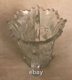 Vintage American Brilliant Cut Glass 5.5 Vase Ornate Sawtooth Edge -Two Handle