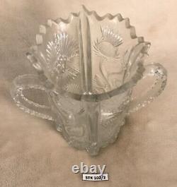 Vintage American Brilliant Cut Glass 5.5 Vase Ornate Sawtooth Edge -Two Handle