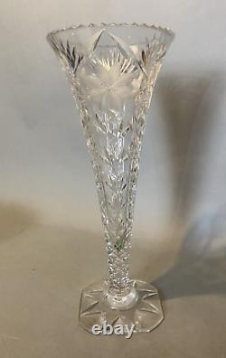 Vintage Antique 15.5 Cut Glass Trumpet Vase with Floral Designs