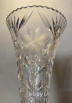 Vintage Antique 15.5 Cut Glass Trumpet Vase with Floral Designs