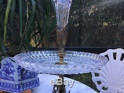 Vintage Antique Brass Epergne Cut Glass Trumpet Vase Centerpiece