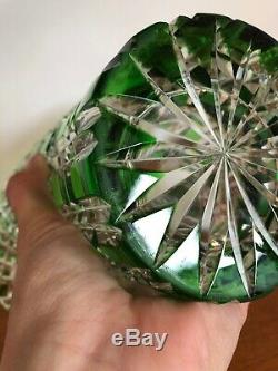 Vintage Art Deco Quality Green Flashed Cut Crystal Glass Basket Vase Bohemian