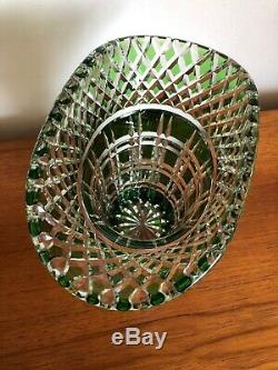 Vintage Art Deco Quality Green Flashed Cut Crystal Glass Basket Vase Bohemian