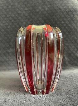 Vintage Art Deco Val St. Lambert Cut Cranberry To Clear Crystal Vase SIGNED
