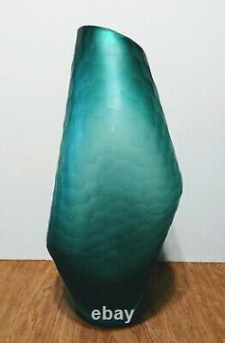 Vintage Art glass Vase Blue/Green Frosted Dragon Scale Texture Hand Cut