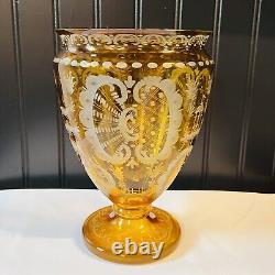 Vintage BOHEMIAN Yellow Honey Amber Cut To Clear Etched Vase 9X6 Chech Glass