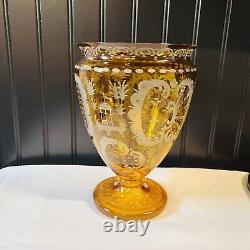 Vintage BOHEMIAN Yellow Honey Amber Cut To Clear Etched Vase 9X6 Chech Glass