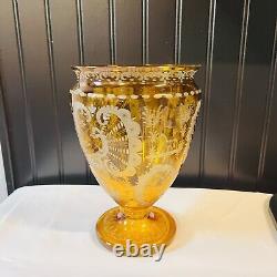 Vintage BOHEMIAN Yellow Honey Amber Cut To Clear Etched Vase 9X6 Chech Glass