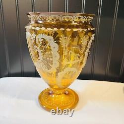 Vintage BOHEMIAN Yellow Honey Amber Cut To Clear Etched Vase 9X6 Chech Glass